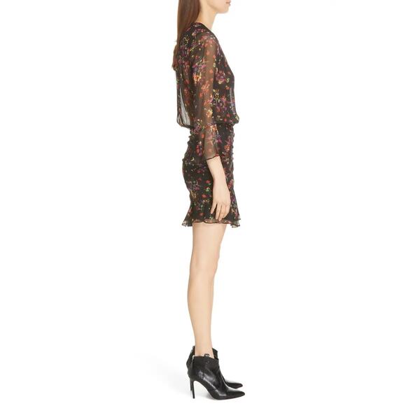 VERONICA BEARD Sean Floral-print Ruched Flounce Dress In Black Multi Size 0 NWOT - Picture 4 of 11
